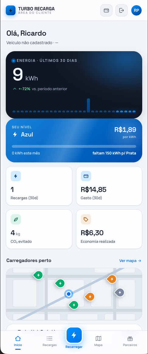 Painel do app Turbo Eletropostos