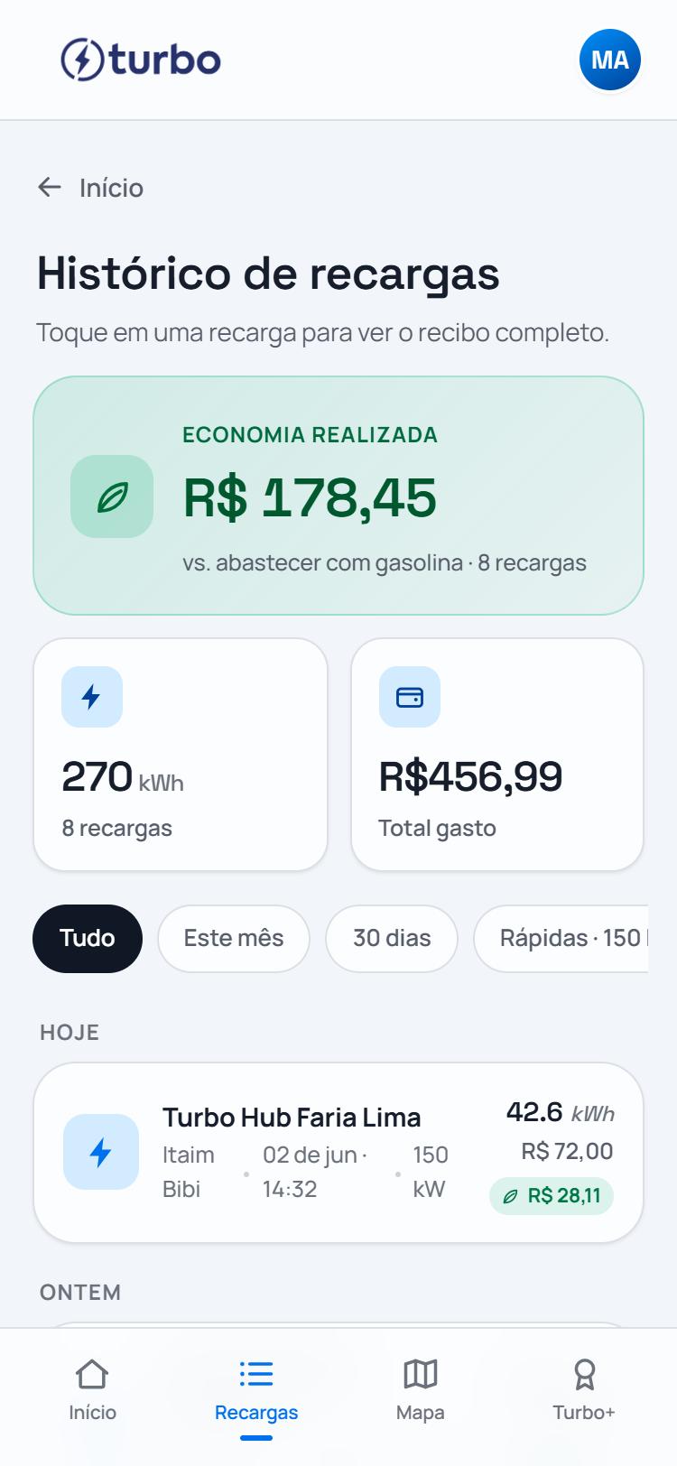 Histórico de recargas no app Turbo Recarga
