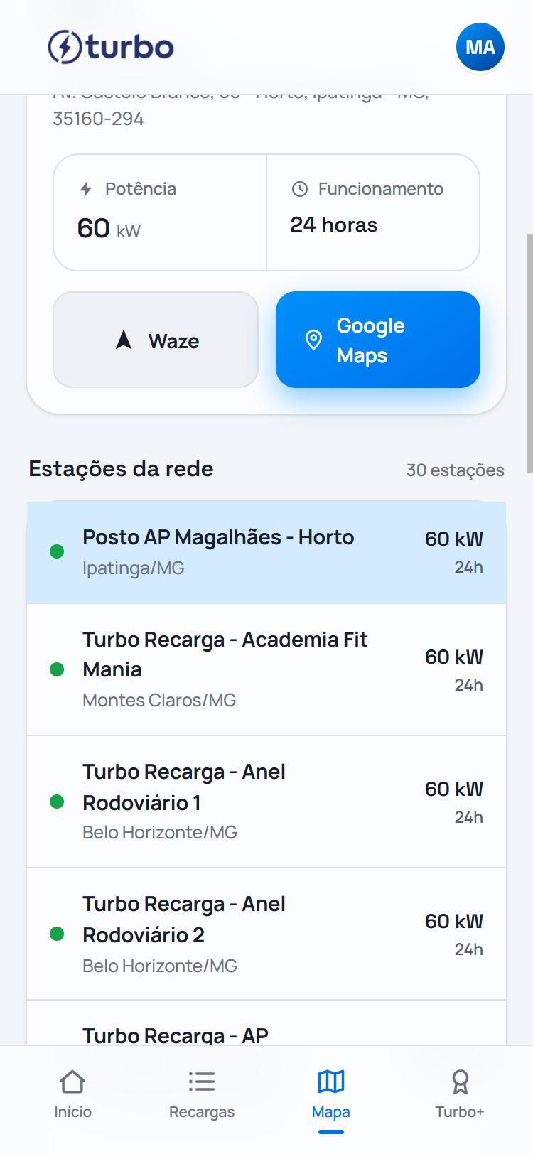 Lista de estações no mapa do app Turbo Recarga
