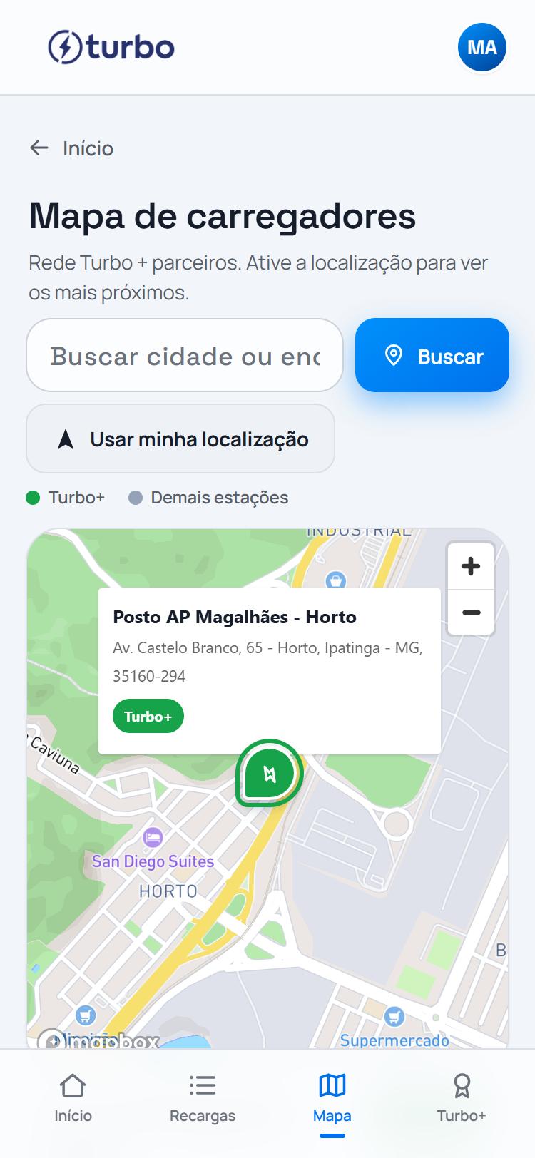 Mapa de carregadores no app Turbo Recarga