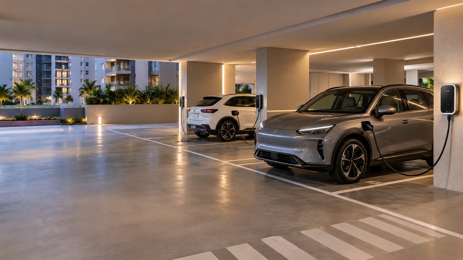 Carros elétricos carregando na garagem de um condomínio residencial