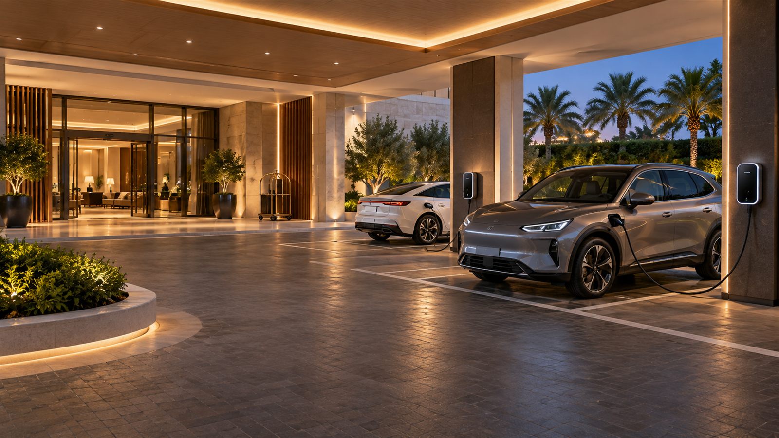 Carros elétricos carregando na entrada de um hotel