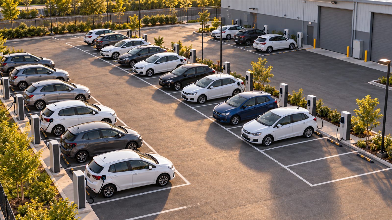 Frota de carros elétricos carregando no pátio de uma empresa