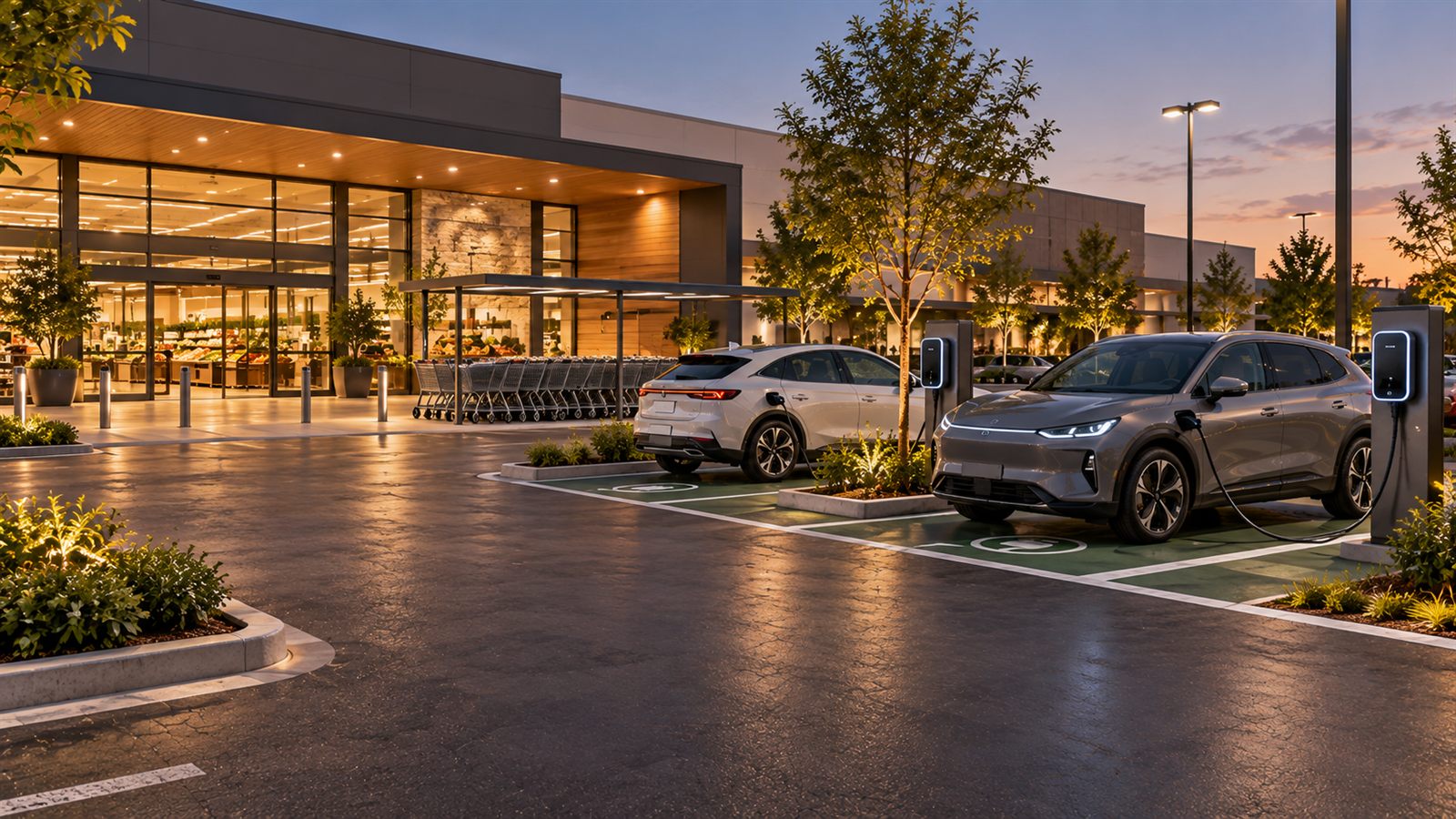 Carros elétricos carregando no estacionamento de um supermercado