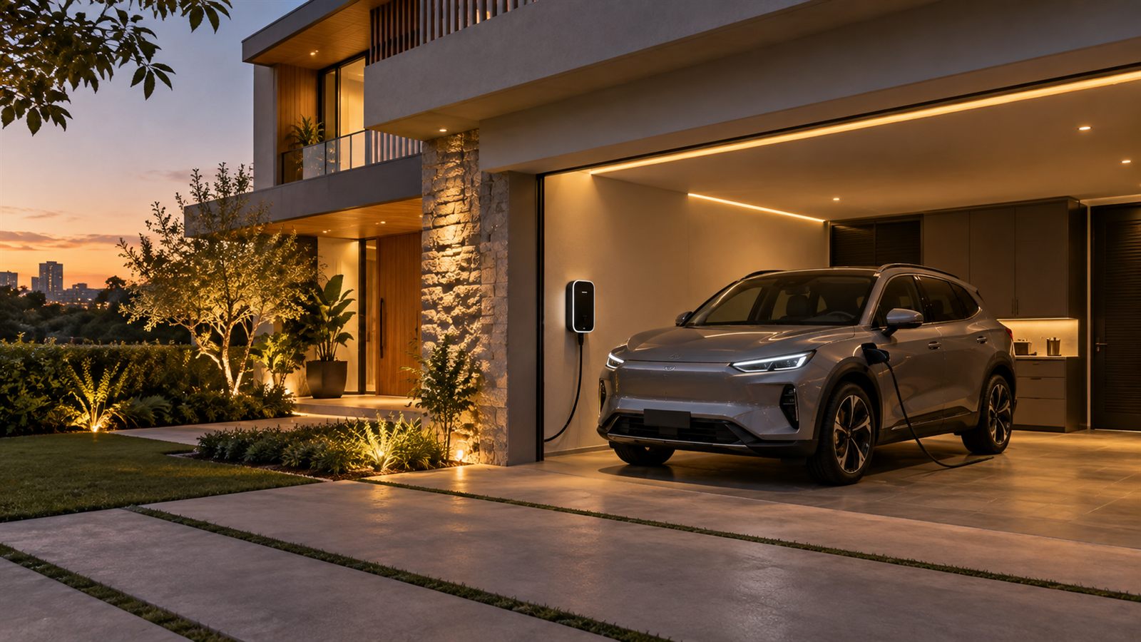 Carregador residencial instalado na garagem de uma casa, com carro elétrico conectado